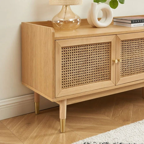 Solid Wood & Cane TV Cabinet | 2 Doors & 2 Drawers Media Console – Oakvello