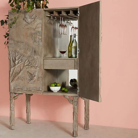 Hand Carved Land & Sky Bar Cabinet | Artisan Solid Wood Home Bar – Oakvello