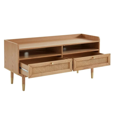 Solid Wood & Cane 2-Drawer TV Cabinet | Boho Media Console – Oakvello