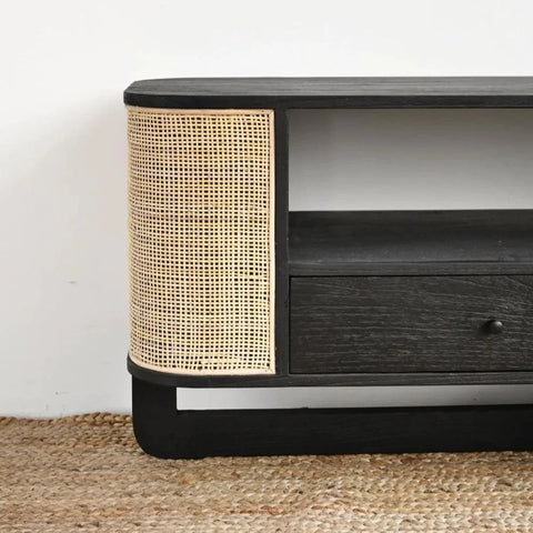 Solid Wood TV Unit with Cane Work | Boho Media Console & Living Room Storage – Oakvello