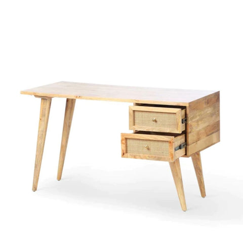 Rattan & Solid Wood Study Table | Boho Home Office Writing Desk – Oakvello
