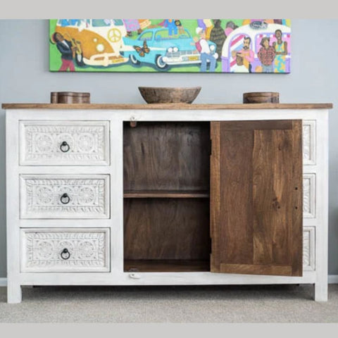 Whimsy White Solid Wood Sideboard | Bright Living Room Storage Cabinet – Oakvello