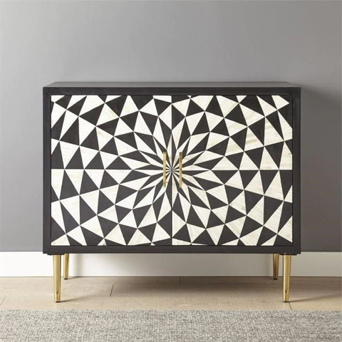 Jodhpuri Black & White Bone Inlay Cabinet | Artisan Storage Furniture – Oakvello