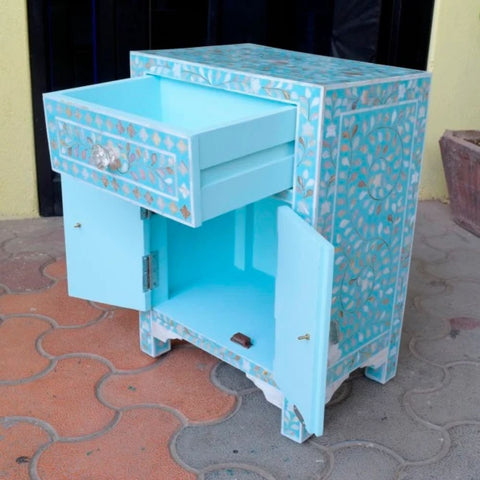Blue Floral Mother of Pearl Bedside Table | 1 Drawer & 2 Door Bedroom Nightstand – Oakvello
