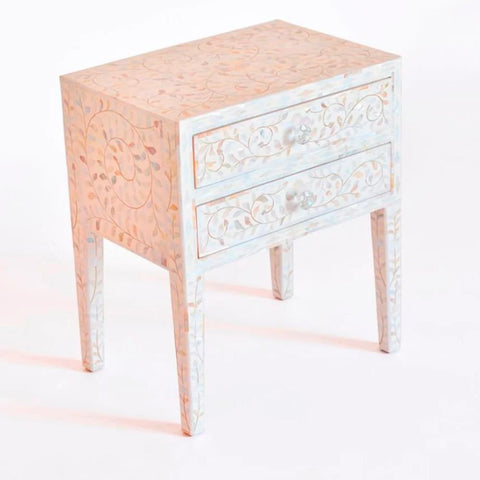 White Mother of Pearl 2-Drawer Long Leg Bedside Table | Handcrafted Artisan Nightstand – Oakvello
