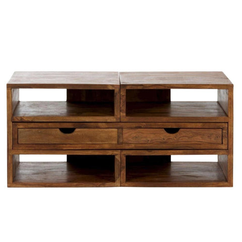 Solid Sheesham Wood TV Unit | 2 Drawers, 6 Adjustable Open Shelves & Sliding Storage – Oakvello