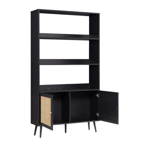 Ajmeri Black Rattan Solid Wood Bookshelf | Boho Living Room Storage – Oakvello