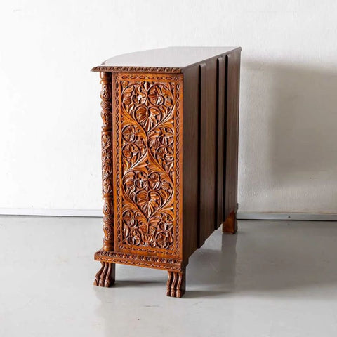 Floral Carved Solid Teak Wood Sideboard | Traditional Luxurious Living Room Storage – Oakvello