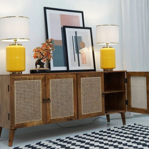 Solid Mango Wood & Cane Door Cabinet Sideboard | Boho Living Room Storage – Oakvello