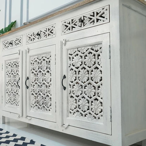 3-Door White Finish Solid Mango Wood Cabinet | Living Room Storage – Oakvello