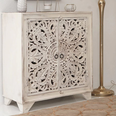 2-Door Sideboard Cabinet | White Finish Solid Wood Storage – Oakvello
