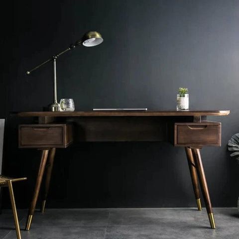 Mid-Century Solid Walnut Wood Writing Desk with 2 Drawers | Home Office Furniture – Oakvello
