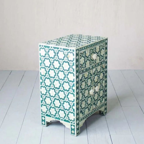 Jodhpuri Green Bone Inlay Side Drawer | Handcrafted Accent Storage – Oakvello