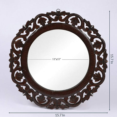 Brown Handcrafted Round Vanity Wall Mirror | 16x16 Inch Framed Wood – Oakvello