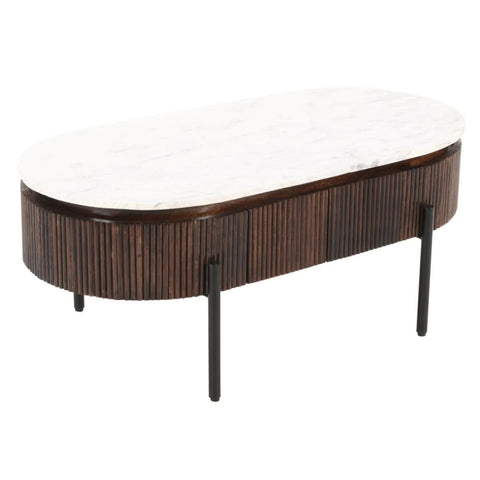 Jaipuri Fluted Mango Wood Coffee Table | Marble Top & Metal Legs – Oakvello