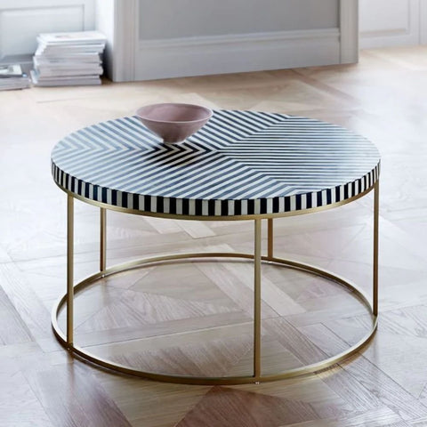 Bone Inlay Coffee Table with Metal Stand | Handcrafted Artisan Living Room Furniture – Oakvello