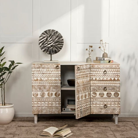 Carved Solid Mango Wood Sideboard | Handcrafted Living Room Storage – Oakvello