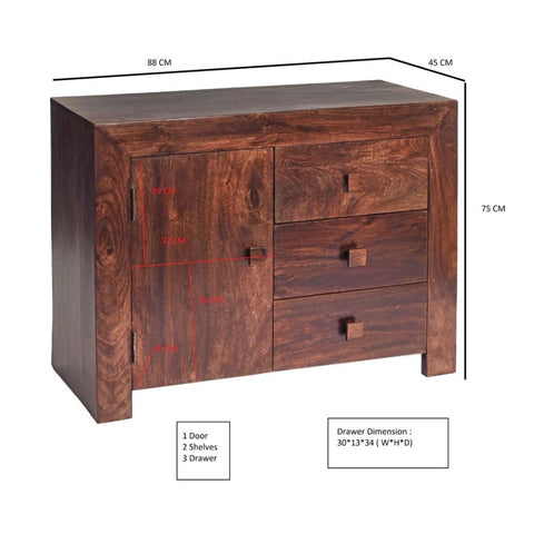 Solid Mango Wood Sideboard | 3 Drawers & 1 Door Living Room Storage – Oakvello