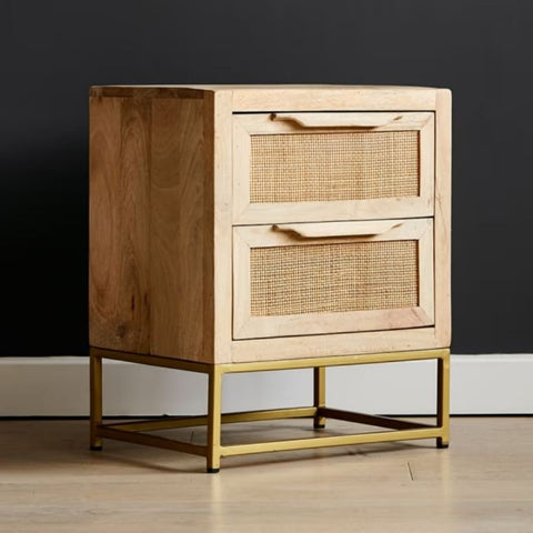 Rattan Webbed Solid Wood Side Table | Boho Living Room Accent Furniture – Oakvello