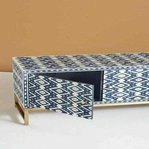 Jaipuri Indigo Blue Bone Inlay TV Unit | Handcrafted Media Console – Oakvello