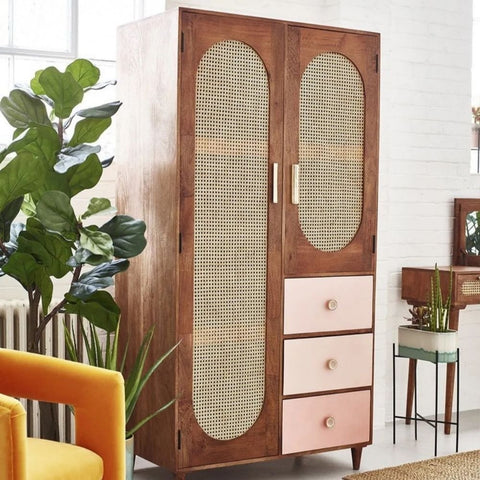 Rattan & Solid Wood Wardrobe | Boho Bedroom Storage Furniture – Oakvello