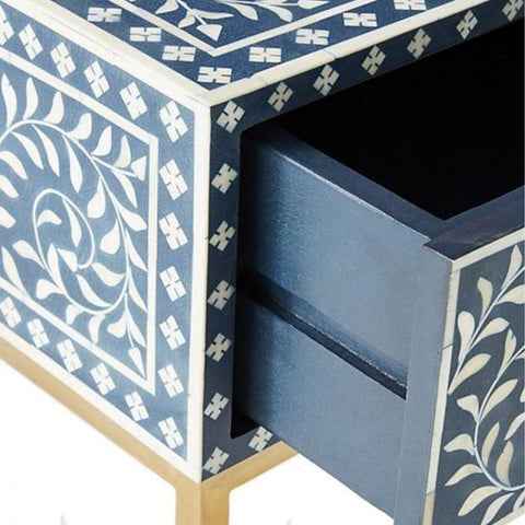 Jaipuri Dark Blue Bone Inlay Bedside Table | Handcrafted Nightstand – Oakvello