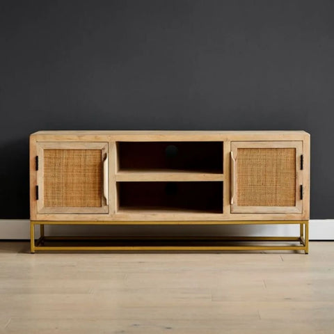 Rattan Webbed Solid Wood TV Unit | Boho Media Console & Living Room Storage – Oakvello