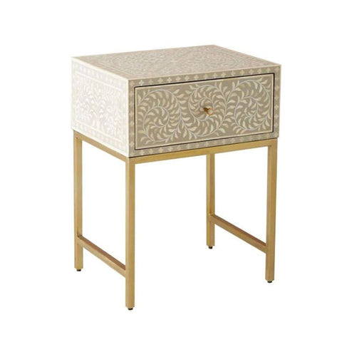Kota Grey Bone Inlay Bedside Table | Handcrafted Artisan Nightstand – Oakvello