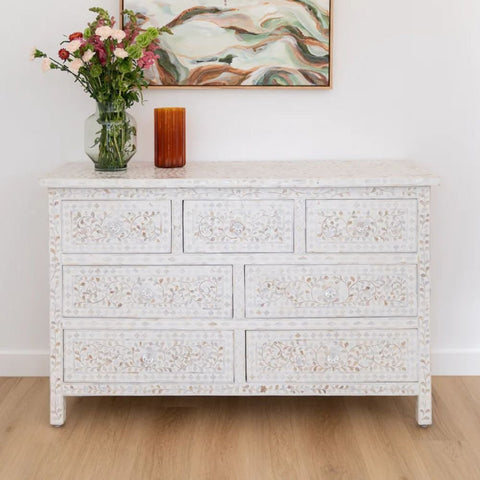 Jaipuri Floral Mother of Pearl 7-Drawer Chest | Artisan Bedroom Dresser – Oakvello