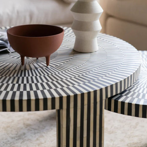 Bone Inlay Round Coffee Table | Handcrafted Artisan Living Room Furniture – Oakvello