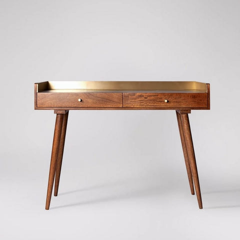 Retro Gold Trimmed Solid Wood Study Desk | Home Office Writing Table – Oakvello