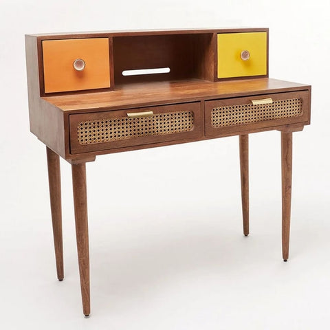 Rattan & Solid Wood Study Table | Natural Boho Home Office Desk – Oakvello