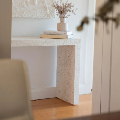 White Bone Inlay Console Table | Handcrafted Artisan Entryway Furniture – Oakvello