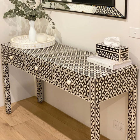 Black Geometric Bone Inlay Console Table | Handcrafted Artisan Entryway Furniture – Oakvello