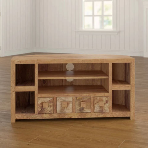 Jodhpuri Light Mango Wood Corner TV Unit | Solid Wood Media Console – Oakvello