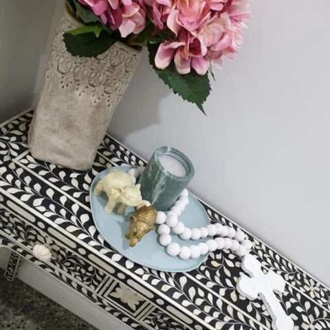 Black Floral Bone Inlay Console Table | Handcrafted Artisan Entryway Furniture – Oakvello
