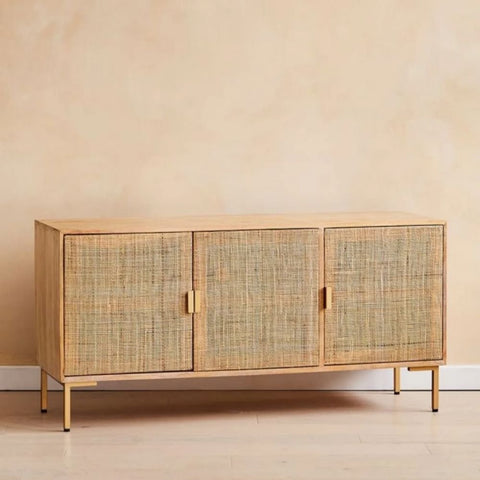 Rattan Webbed Large Solid Wood Sideboard | Boho Living Room Storage – Oakvello
