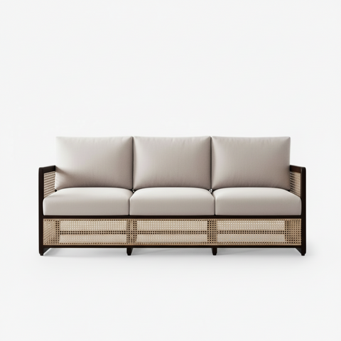 Veda Fabric Rattan Sofa | Walnut Wood Frame with Cane Weave – Oakvello