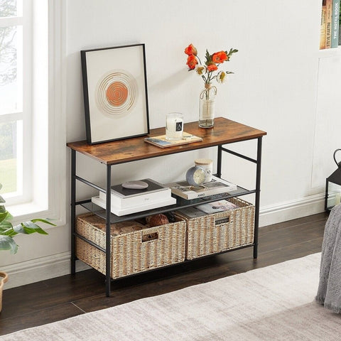 Solid Wood Console & Sofa Table with 2 Straw Storage Baskets | Entryway Furniture – Oakvello