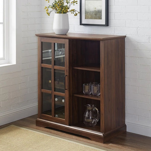 Dark Walnut Solid Wood Bar Cabinet with Sliding Glass Door | Home Bar Furniture – Oakvello