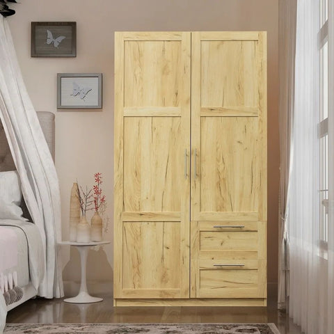 Solid Wood Tall Wardrobe | 2 Drawers & 5 Storage Spaces Bedroom Furniture – Oakvello