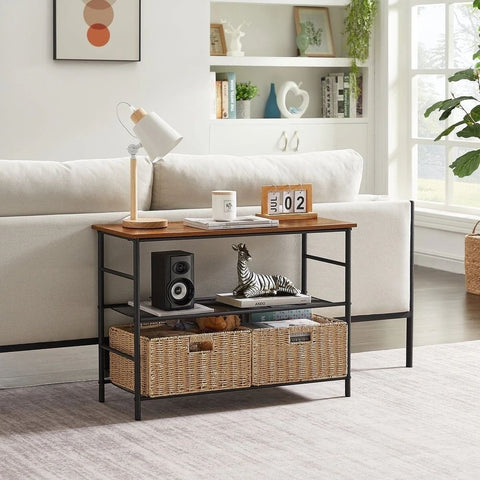 Solid Wood Console & Sofa Table with 2 Straw Storage Baskets | Entryway Furniture – Oakvello