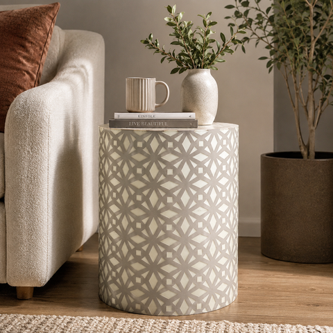 Diamond Design Bone Inlay Round End Table | Handcrafted Artisan Accent Furniture – Oakvello