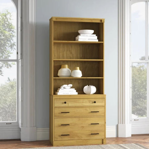 Solid Wood Bookcase | 4 Shelves & 3 Drawers Living Room Display Storage – Oakvello