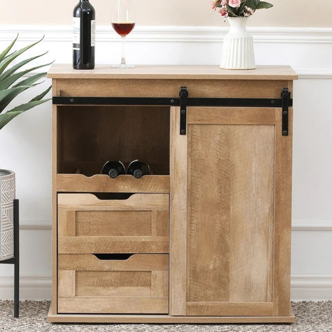 Natural Oak Finish Solid Wood Wine & Storage Cabinet | Home Bar Furniture – Oakvello