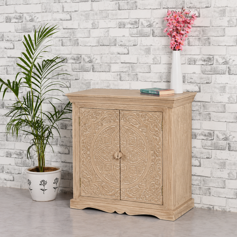 Jaipuri Carved Mango Wood 2-Door Sideboard | Handcrafted Living Room Storage – Oakvello
