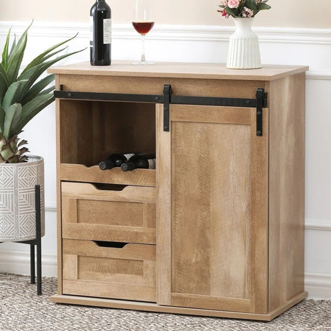 Natural Oak Finish Solid Wood Wine & Storage Cabinet | Home Bar Furniture – Oakvello