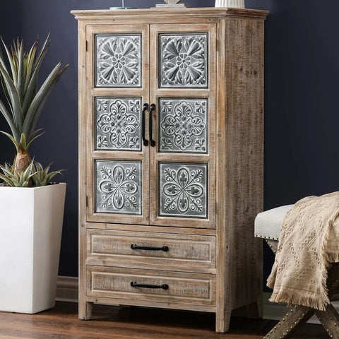 Solid Wood & Metal 2-Drawer 2-Door Wardrobe | Bedroom Storage Furniture – Oakvello