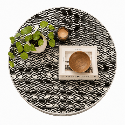 Round Bone Inlay Geometric Diamond Coffee Table | Black & White | 90cm