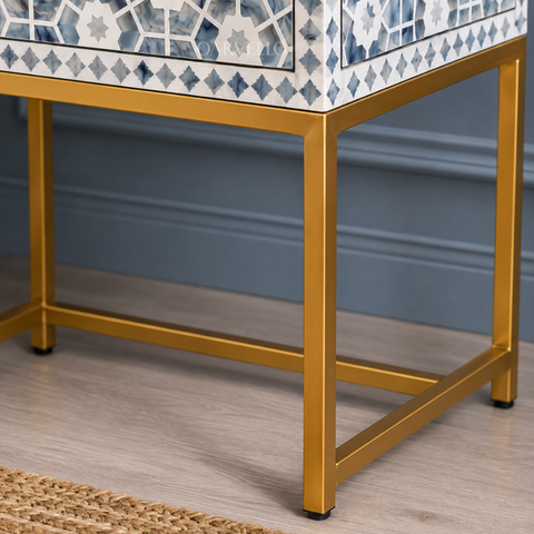 Bone Inlay Bedside Table with Gold Metal Legs – Grey & White Geometric Pattern